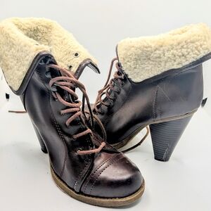 Brown Leather Heeled Boots with Cream Lining